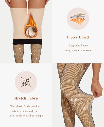 RISSCAN Fleece Lined Tights for Women Opaque Warm Control Top Pantyhose Thermal leggings Stirrup Footed Tights for Winter(250g Sparkly Fleece Lined Fishnet Footed,XL)3