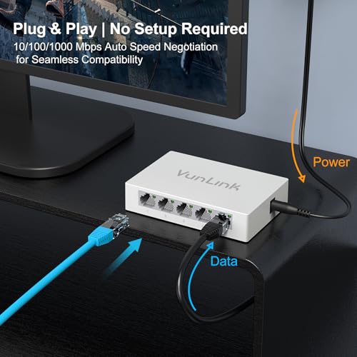 Image of 5 Port Gigabit Ethernet Switch - VunLink Unmanaged Network Switch Hub, Desktop Ethernet Splitter, Fanless & Energy Efficient, High-Speed Connection for Home, Office, NAS, Gaming