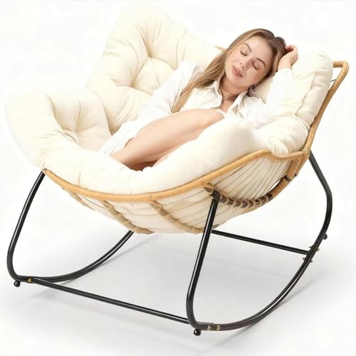 Outdoor Rocking Chair – Oversized Stainless Steel Green Velvet Cushion Rocking Egg Chair for Adults and Children, Ideal for Garden, Bedroom, Living Room, Terrace, with Rattan Accents (Pink,Large)