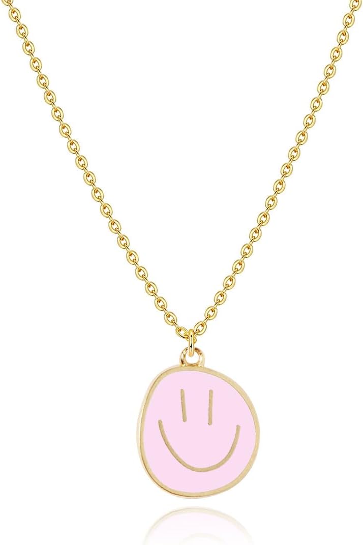 AULSIEYColorful Smiley Face Necklace 14K Gold Plated Paperclip Chain Necklace Y2K Trendy Necklace for Women Teen Girls Cute Necklace