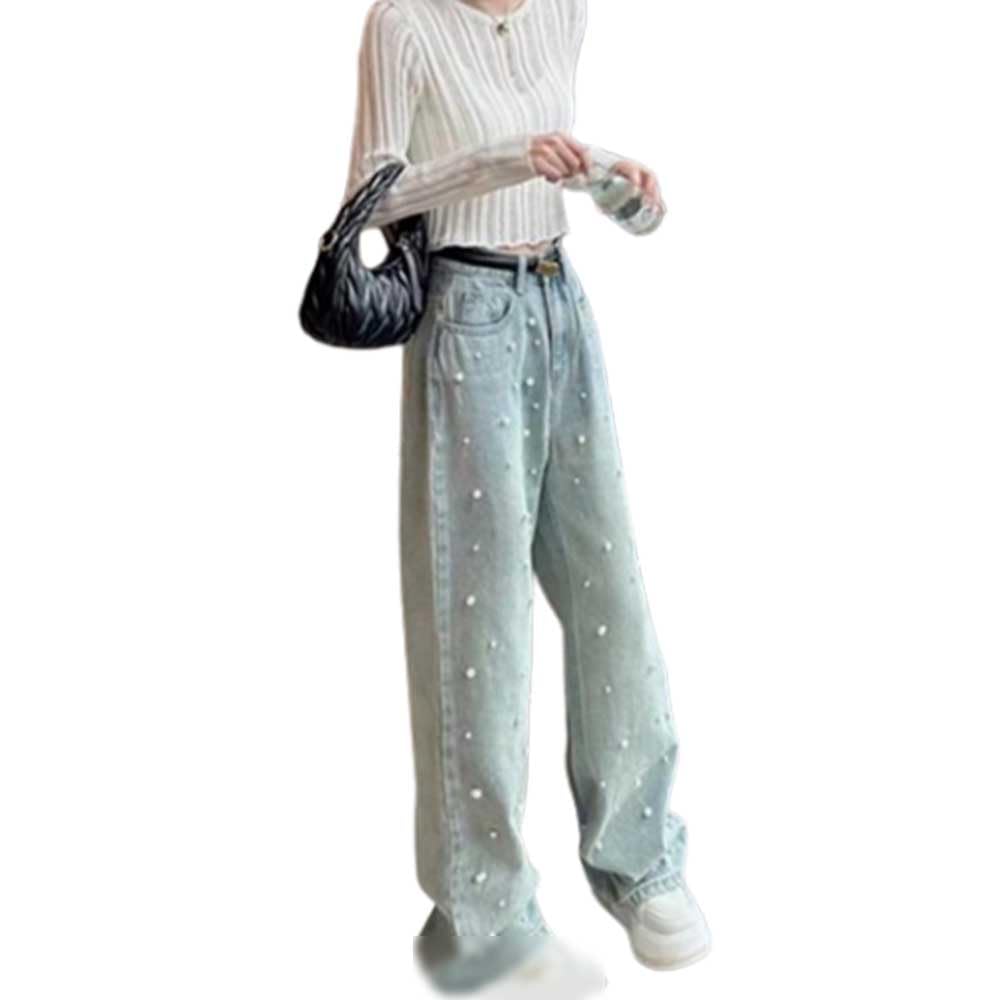Amazon.co.jp: パール付き デニム ワイド パンツ ジーンズ ジーパン