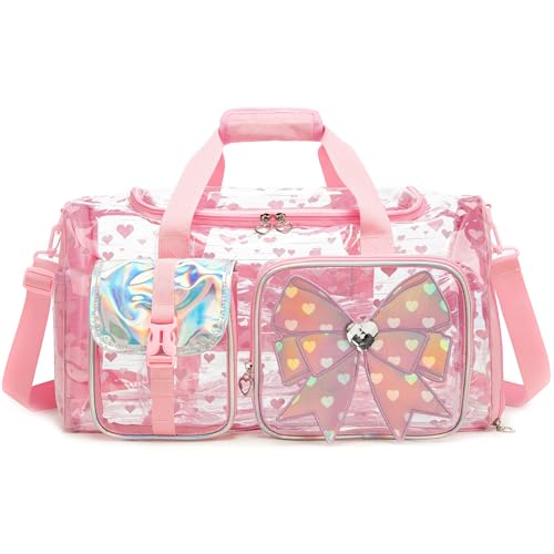 Clear Travel Duffle Bag for Girls with Shoe Compartment Girls Clear Duffle Bag Cute Bowknot Heavy Duty Waterproof Transparent Carry-On Bags for Flights Stadium Concerts