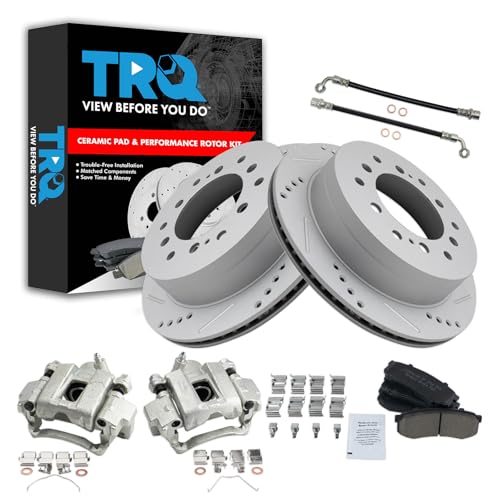 Image of TRQ Performance Rear Brake Pad and Rotor Set Ceramic Slotted Drilled Rotors Calipers Compatible with 2003-2009 Lexus GX470