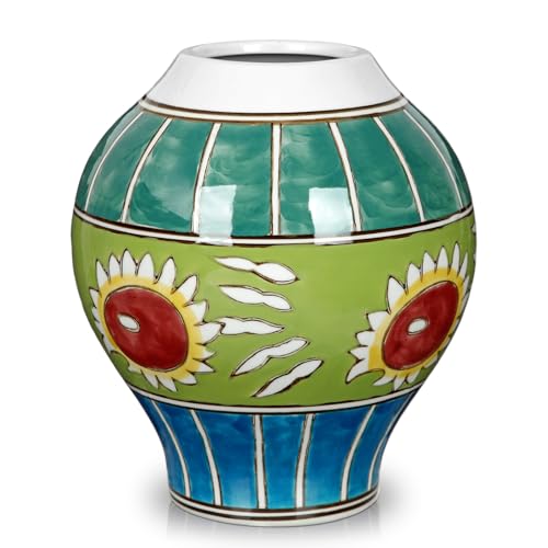 Hand Painted Ceramic Vase for Home Decor, 6.6" Colorful Floral Pottery Vase, Decorative Boho Farmhouse Flower Vase for Shelf Table Centerpiece, Artistic Glazed Ceramic Accent Décor
