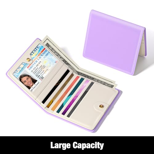 Image of Rouidr Womens Wallet, RFID Small Slim Wallet for Women, Cute Bifold Leather Pocket Credit Card Holder Ladies Mini Purse with Zipper Coin Pocket & ID Window, Purple
