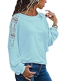  ORANDESIGNE Chemise à Manches Longues pour Femmes Fashion Casual Blouse en Dentelle Tops en Coton lâche T-Shirt Bleu Clair 48