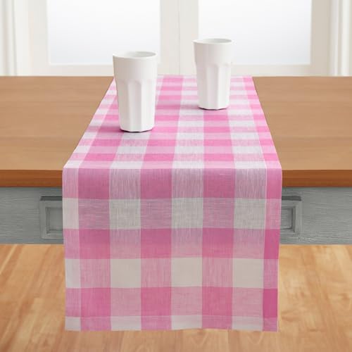 image for Solino Home Linen Checkered Table Runner 120 Inches Long - 100% Pure L