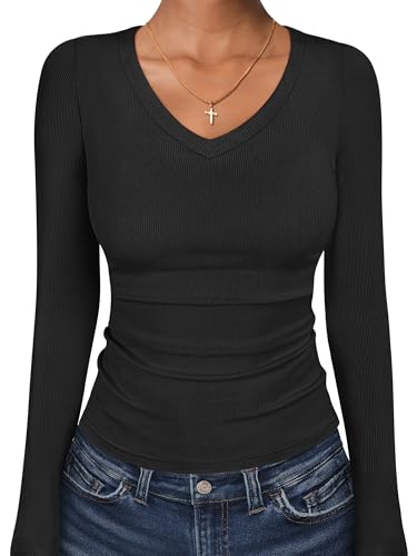 ANRABESS Long Sleeve Shirts for Women V Neck Ribbed Knit Fitted Fall Basic Tshirts Going Out Tops 2025 Casual Trendy Clothes Black Small