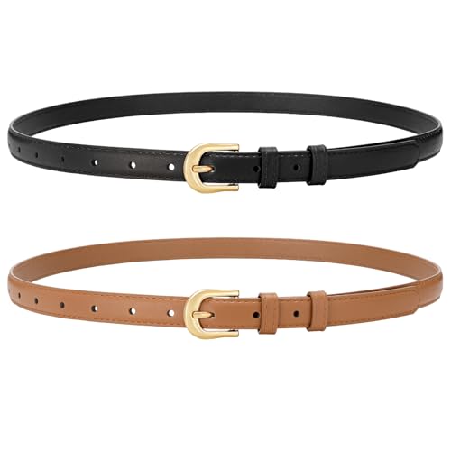 XZQTIVE 2 Pack 0.71'' Women Skinny Leather Belts for Jeans Dress Pants Thin Black Brown Belt for Ladies with Gold Buckle