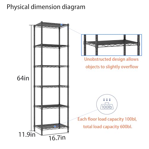 Image of REGILLER 6 Wire Shelving Steel Storage Rack Adjustable Unit Shelves for Laundry Bathroom Kitchen Pantry Closet (16.7L x 11.9W x 64H, Black)