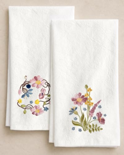 Miss Adola Embroidered Flour Sack Kitchen Towels, Watercolor Flowers