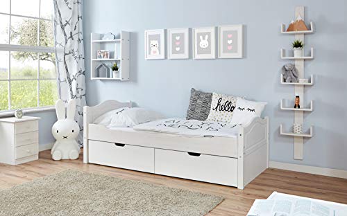 Ticaa Einzelbett Leni Kiefer weiß Var 4 - mit 2er Schubkästen