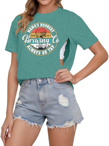 Women's Nursing Shirts for Breastfeeding Zipper Short Sleeves Mama Shirt Causal Maternity Nursing Graphic Tees Tops Green