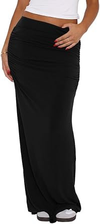 Womens Casual Maxi Skirt Summer Pleated Low Waisted Swing Lounge Skirt Ankle Length Maxi Long