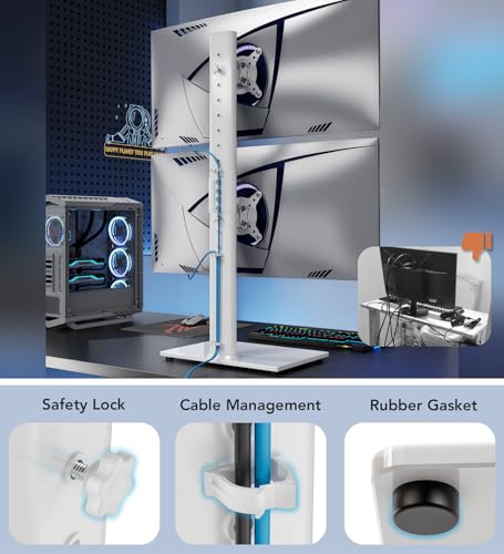 Image of Dual Monitor Stand - Vertical Stack Screen Free-Standing Monitor Riser Fits Two 13 to 34 Inch Screen with Swivel, Tilt, Height Adjustable, Holds One (1) Screen up to 44Lbs HT05W-002 White