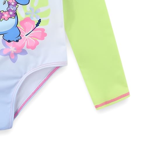 Disney Lilo & Stitch Girls UPF 50+ One Piece Swimsuit Long Sleeve Rash Guard Bathing Suit for Big Kids Blue/Green by Disney - Image 4