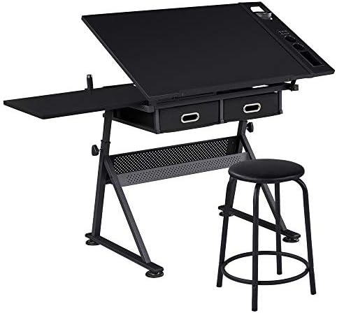Yaheetech Drafting Table for Artists, Height Adjustable Drawing Desk Art/Craft Desk Diamond Paintings Work Station w/ 2 Storage Drawers and Stool for Home Office School, Black