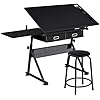 Yaheetech Drafting Table for Artists, Height Adjustable Drawing Desk Art/Craft Desk Diamond Paintings Work Station w/ 2 Storage Drawers and Stool for Home Office School, Black