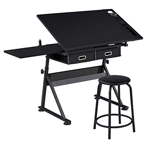Yaheetech black drafting table with retractable side board