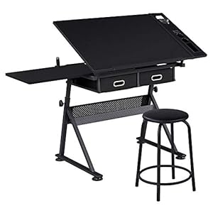 Yaheetech Drafting Table for Artists, Height Adjustable Drawing Desk Art/Craft Desk Diamond Paintings Work Station w/ 2 Storage Drawers and Stool for Home Office School, Black