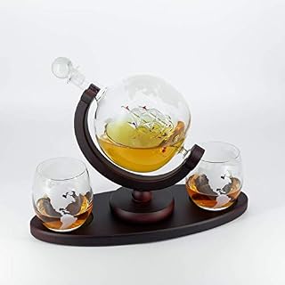 Spieringstore Globe Whiskey Decanter 1050ML Set with Longer Pedestal | Dark Mahogany Wood Holder |with Funnel | 2 Glasses | Artisan Crafted Rum Whisky Carafe | Drink Present Dad Gift