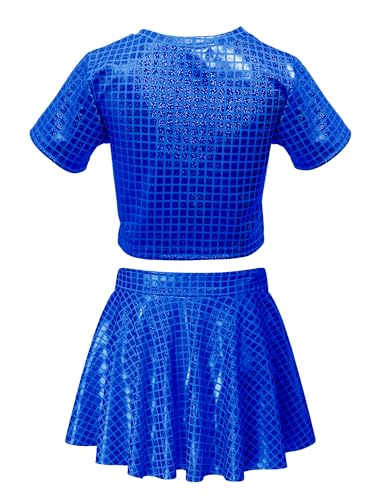 Image of Happy Cherry Kid Girl Shiny Skirt and Top Set 2 Pcs Short Sleeve Metallic Disco Crop Top & Pleated Mini Skirt Set