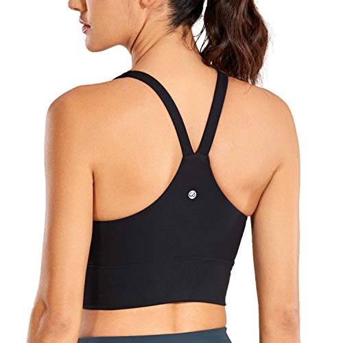 CRZ YOGA Women s T-Back V Neck Longline Sports Bra Padded Wireless Y-Back Racerback Yoga Bra Crop Tank Tops Black Large