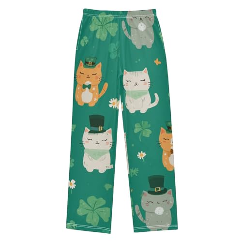 Lucky Clover Cat Boys Long Pants Soft Trousers Elastic Waist Kids Lounge Bottoms with Pockets S-XL - Main Image
