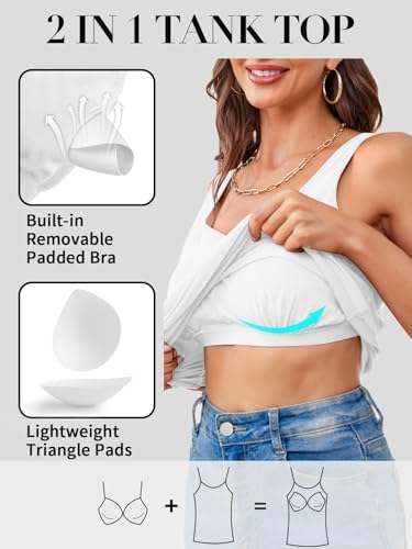 V FOR CITY Women Tank Top with Built-in Padded Bra Adjustable Wide Strap V-Neck Camisole Cotton Cami Shirts3