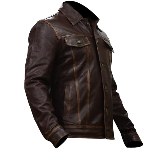 Image of Men's Genuine Leather Trucker Jacket Vintage Motorcycle Black Western Biker Slim Fit Trucker Jacket