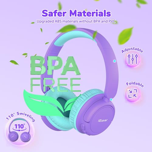 Image of iClever BTH22 Kids Bluetooth Headphones, 60H Play Time, USB C Fast Charging, Bluetooth 5.4, AUX Cord,Safe Volume 74 /85 dBA,Toddler Headphones for iPad /Tablet /Travel /School, Purple
