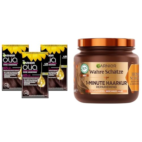 Garnier Colorations- & Pflege-Set: Olia Haarfarbe 4.15 Schokobraun (3er Pack) + Wahre Schätze Reparatur-Kur (340ml), strapaziertes Haar, Honig & Bienenwachs, Ammoniakfreie Coloration