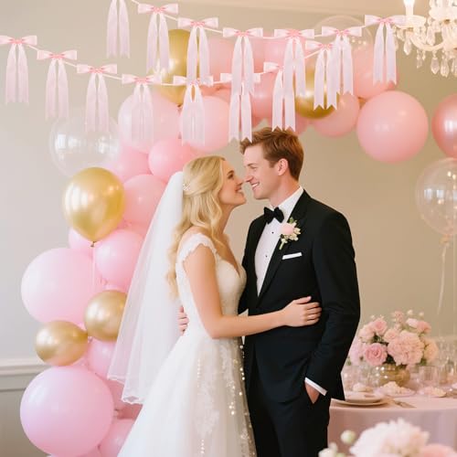 Image of Pink Bow Garland for Party Decorations - 6.6ft x 2 Pre-Strung Hanging Banners for Coquette Birthday, Bridal Shower, Wedding, Engagement, Bachelorette, Women Girl Baby Shower Supplies