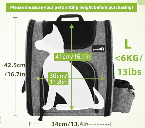 2. Bild von Pecute Haustier Rucksack mit Netzfenster, Tragbare und Faltbare Katzentasche, Atmungsaktive und Leichte Hundetasche, Wasserdichtes Oxford-Tuch mit viel Platz, Multifunktionales Rutschfestes Grau 6kg
