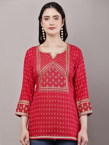 Image of Women's Pink Printed Short Kurti with Lace Trim, 3 /4 Sleeves, Ethnic Indian Style Top