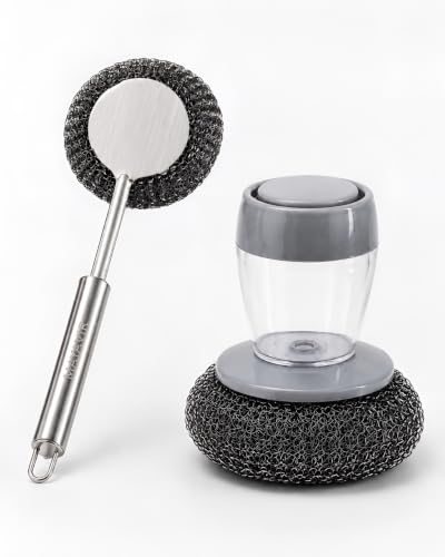 Image of Stainless Steel Wool Scrubber Set, One Scrubber with Handle and One Long-Handled Brush, for Cleaning Tableware and Cooking Tools