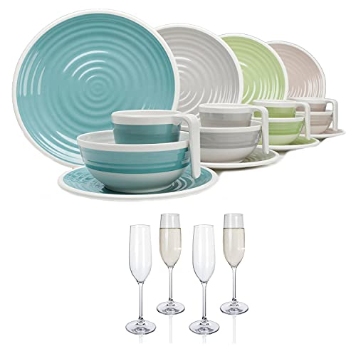 Vaisselle de camping en mélamine pour 4 personnes Harmonie 16 pièces + 4 verres à champagne