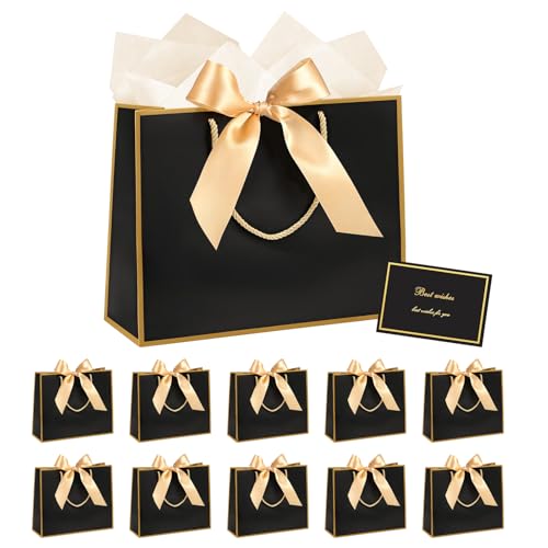 10 Pack Large Gift Bags with Handles, Bow Paper Gift Bags Set 32 x 25 x 11CM with 20 Tissue Papers & 10 Greeting Cards for Birthday Wedding Valentine’s Day Gifts (Black)