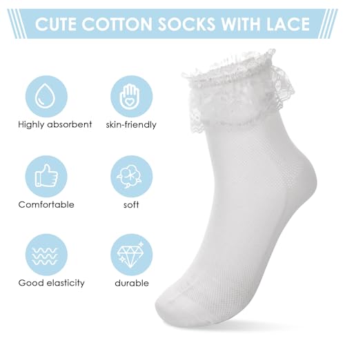 Image of ElevateTech 3 Pairs of Women Ruffle Socks Ankle Socks Breathable Cool Frilly Lace Sock Cotton Non-Slip Elasticity Uniform Cute Clothes Prom Party Accessories Gifts (White)