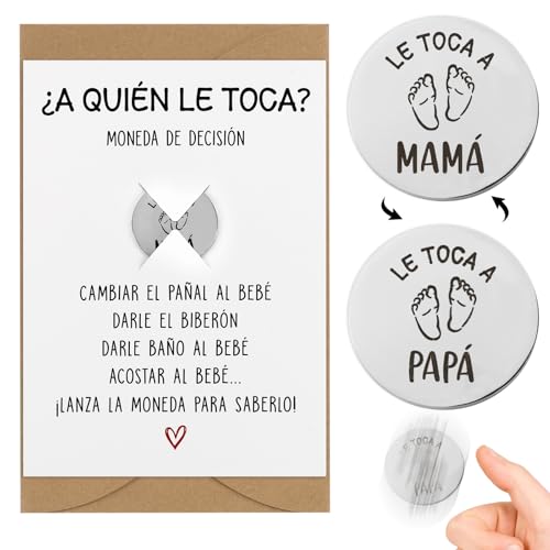 Presente grávida original espanhol, 1 * moeda decisão 1* cartão de felicitação 1* envelope kraft, detalhe coisa recém-nascido menino batizo bebé mãe primeira pai casal pais pais (prateado 2)