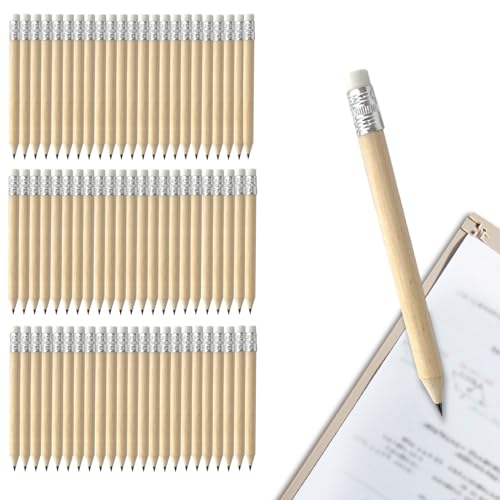 Leikurvo Lot de 120 Mini Crayons HB 100 x 7,2 mm Avec Gomme en Bois Naturel - Demi-Crayons Courts Pour Étudiants, École, Maison