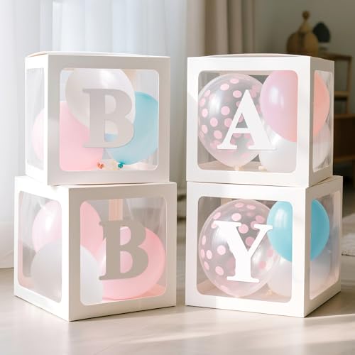 Image of Ledido Baby Boxes with Letters for Baby Shower Decorations with 38 Balloons, 4 pcs Clear Balloon Boxes Blocks for Boys Girls Gender Reveal Decorations Birthday Backdrop Party (White)