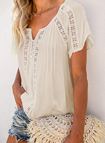 Dokotoo Womens Ladies 2023 Summer Sexy Lace V Neck Eyelet Short Sleeve Boho Shirts Spring Casual Loose Solid Chiffon Blouses For Women Tops Apricot 1X Large #TOP6