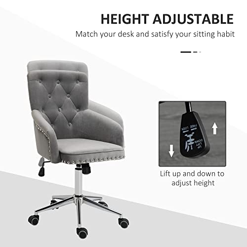 Homcom Modern Mid-Back Desk Chair With Button Tufted Velvet Back, Nailhead Trim, Swivel Home Office Chair With Adjustable Height, Curved Padded Armrests, Grey #TOP3