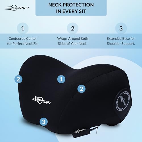 Image of Neodrift 'NeckFlow Pro' Ergonomic Car Neck Pillow Full Curved Concave Design and Adjustable Strap for Ultimate Comfort and Neck Relief - Super Comfy and Supportive Car Headrest Cushion (Color- Black)