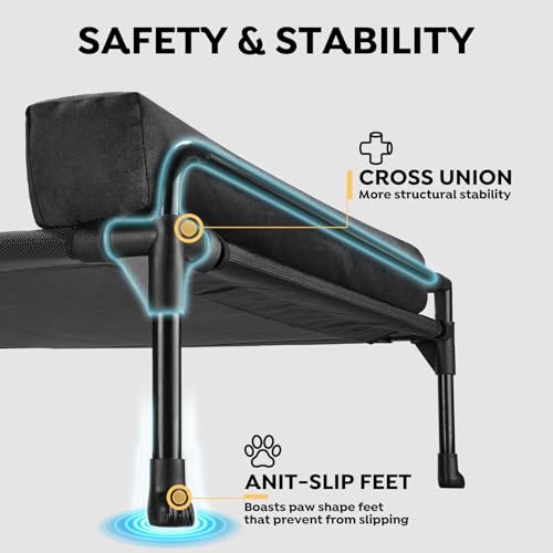 Veehoo Elevated Raised Dog Bed-Cooling Outdoor Dog Cot Bed for Large Sized Dogs Three-Sided Fence Raised Pet Cot with Mesh & No-Slip Feet Dog Hammock Bed with Removable Bolster-41 x 27" Black - Image 3