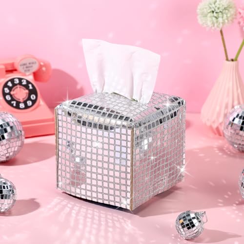 CroBlissful Disco Ball Tissue Box Cover Glitter Silver Square Rectangular Bling Paper Holder Sparkle Tissue Box for Bathroom Vanity Countertop Tabletop Car Office(Small Disco Fabric 1)
