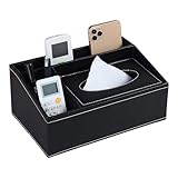 Tissue Box Cover- PU Leather Tissue Box Holder-Multifunctional Tissue Box Organizer Cover Hold with Storage Fashion for Vanity Toilet Countertop Office Bathroom Kleenex Box Cover-Black