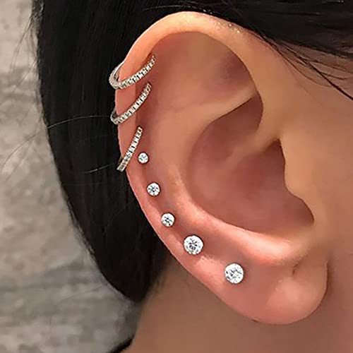 Xerling Rhinestone Stud Earrings Set for Women Multiple Piercings Small Huggie Hoop Silver Earrings Dainty Open Earrings Ear Cuff for Girls 8 Pairs