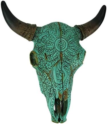 DE LEON,Resin Turquoise Floral Tribal Carved Bull Skull Hanging Statue